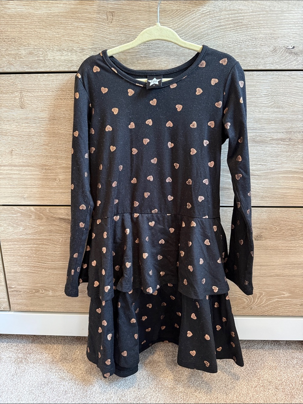 Girls' Black Heart-Print Tiered Long-Sleeve Dress